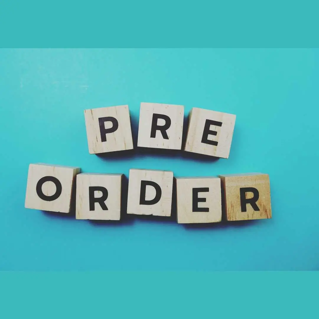 20.11.2020: Foto der Taschenbuchdatei türkisfarbener Hintergrund,
darauf Würfel mit Buchstaben und dem Wort PRE ORDER