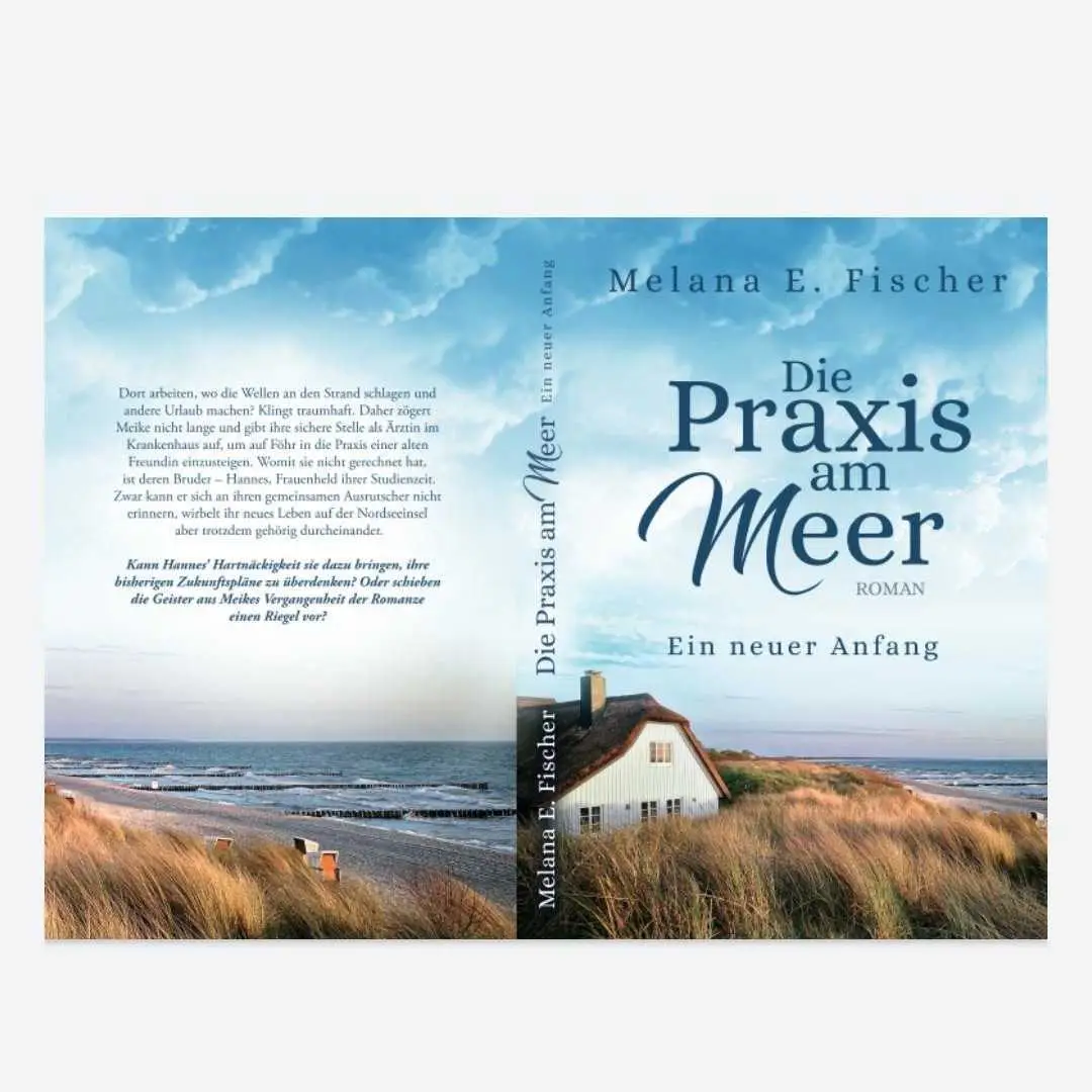 20.11.2020: Taschenbuch Cover für "Die Praxis am Meer" band 1 weißer Hintergrund,
darauf das aufgeklappte Cover von Die Praxis am Meer - Ein neuer Anfang - Band 1