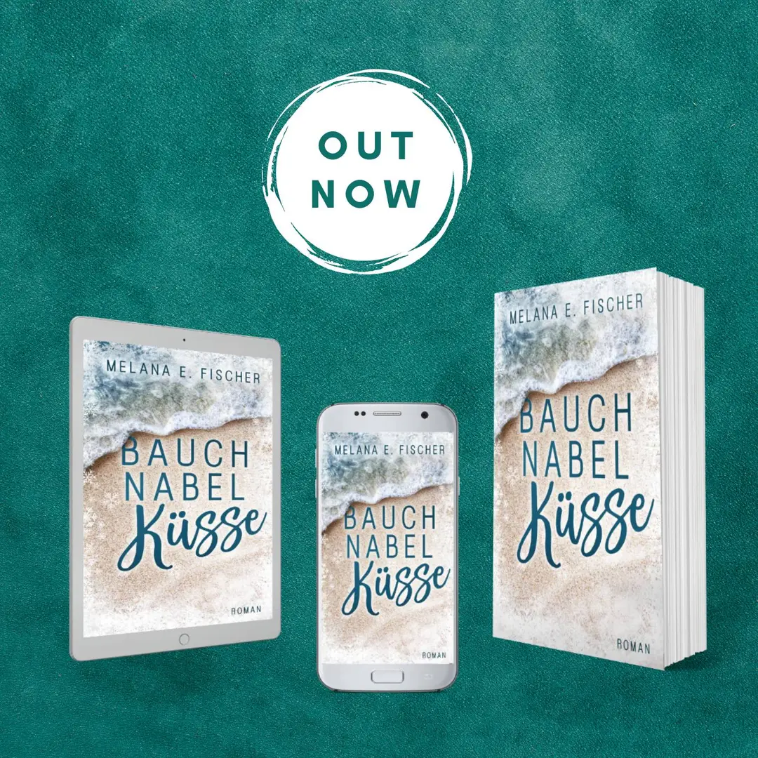 25.11.2021: winterlicher Nordsee-Roman Grüner Hintergrund,
darauf ein Kreis mit Text OUT NOW,
darunter eine Ansicht von kindle,
Handy und Taschnbuch mit dem Cover von Bauchnabelküsse