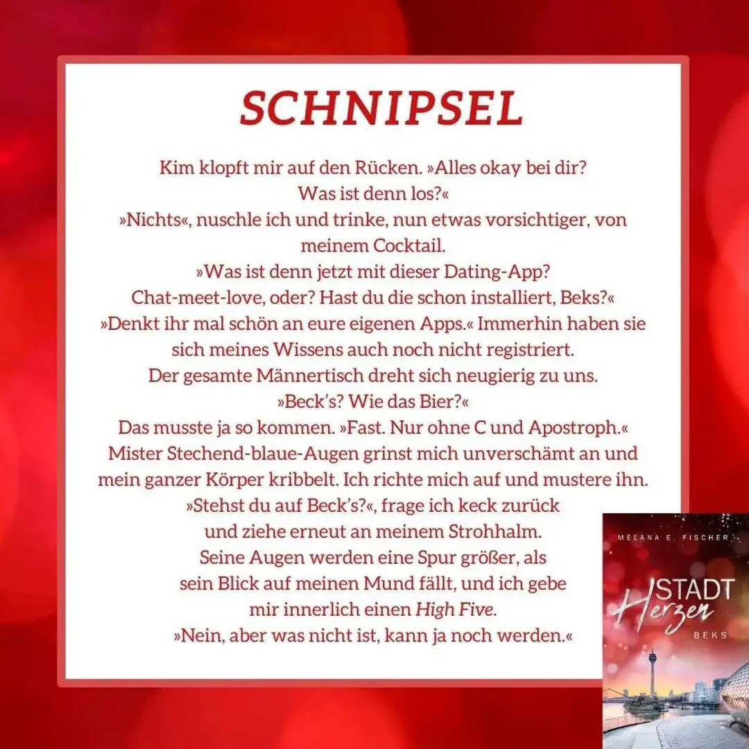 21.11.2022: Schnipsel des Buches: Stadtherzen BAND 1 roter Hintergrund,
darauf auf weißem Hintergrund in roter Shrift der Schnipsel (Text im Text)