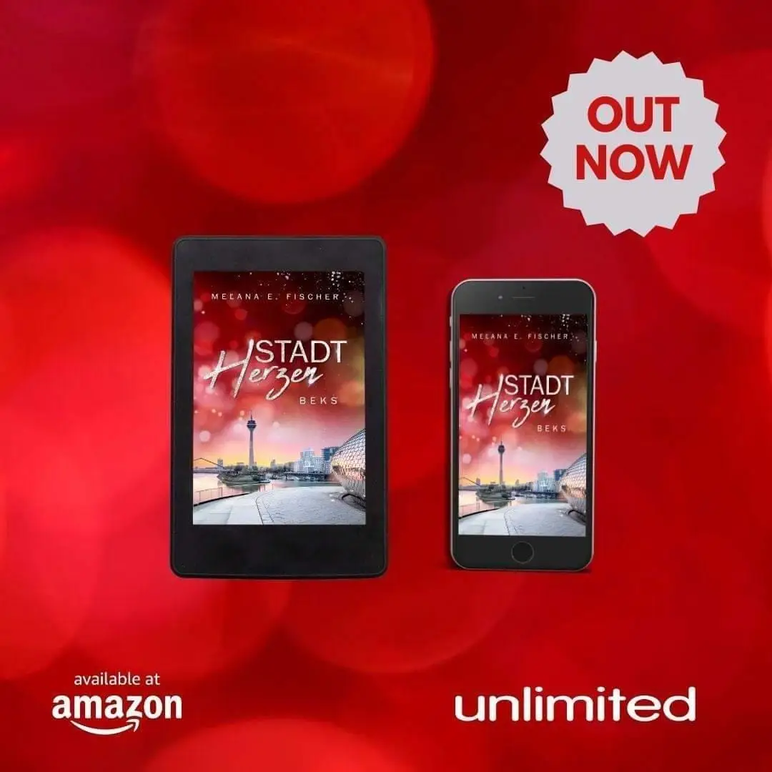 25.11.2022: Cover des Buches: Stadtherzen BAND 1 roter Hintergrund,
darauf zu sehen,
ein kindle und Smartphone mit der Cover-Ansicht von Stadtherzen - Beks,
rdarunter steht available at amazon und unlimited