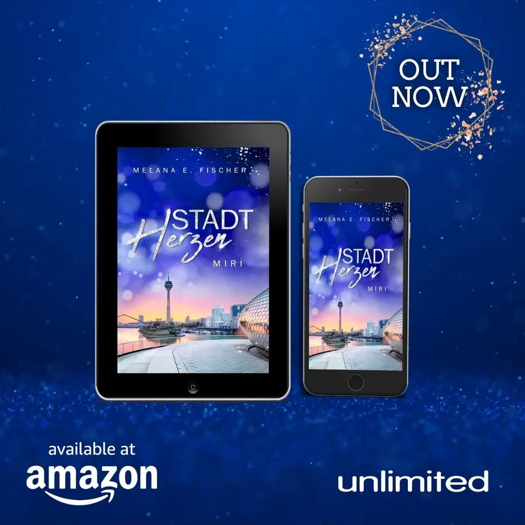 23.07.2023: STADTHERZEN - MIRI - OUT NOW blauer Hintergrund,
oben rechts ein gegrisselter Kreis mit OUT NOW,
darunter die kindle und Handyansicht,
inkl. Cover von Stadtherzen - Miri,
darunter links available at amazon und rechts daneben unlimited