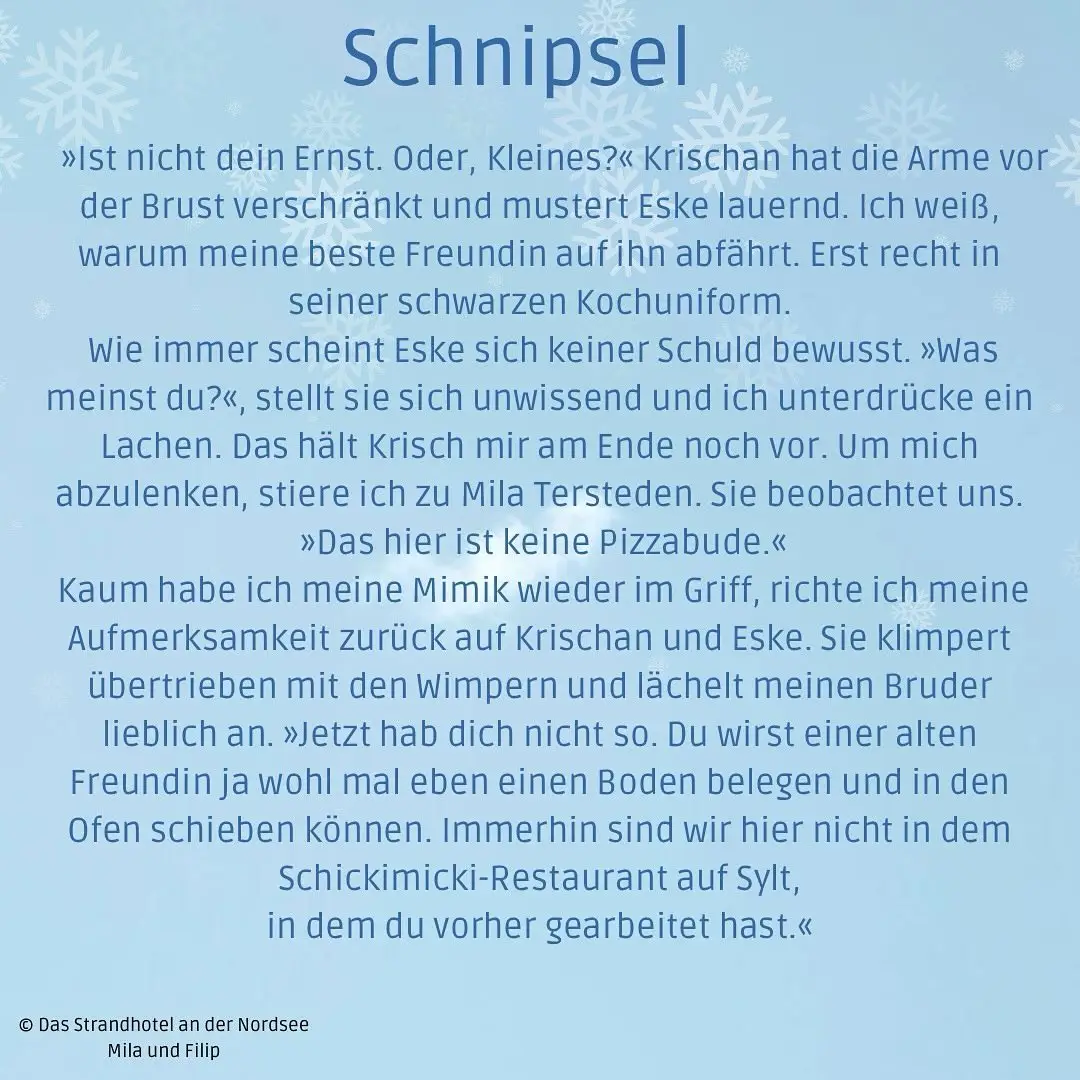 14.01.2024: Schnipsel 2 des Strandhotel an der Nordsee blauer Hintergrund mit Eissternen,
darauf in dunkelblau der Schnipseltext des Roman Das Strandhotel an der Nordsee