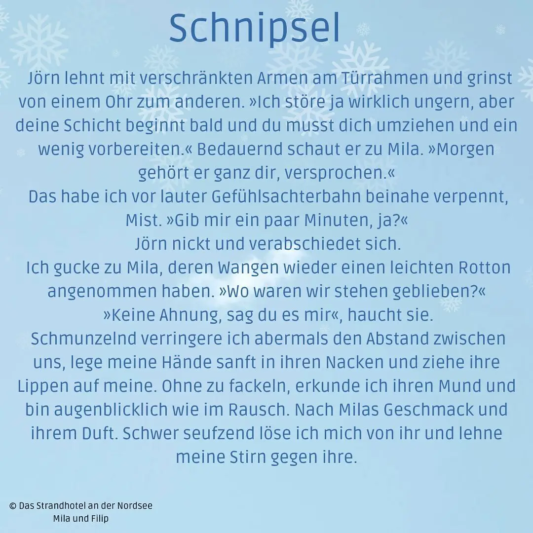 18.01.2024: Schnipsel 3 des Strandhotel an der Nordsee blauer Hintergrund mit Eissternen,
darauf in dunkelblau der Schnipseltext des Roman Das Strandhotel an der Nordsee