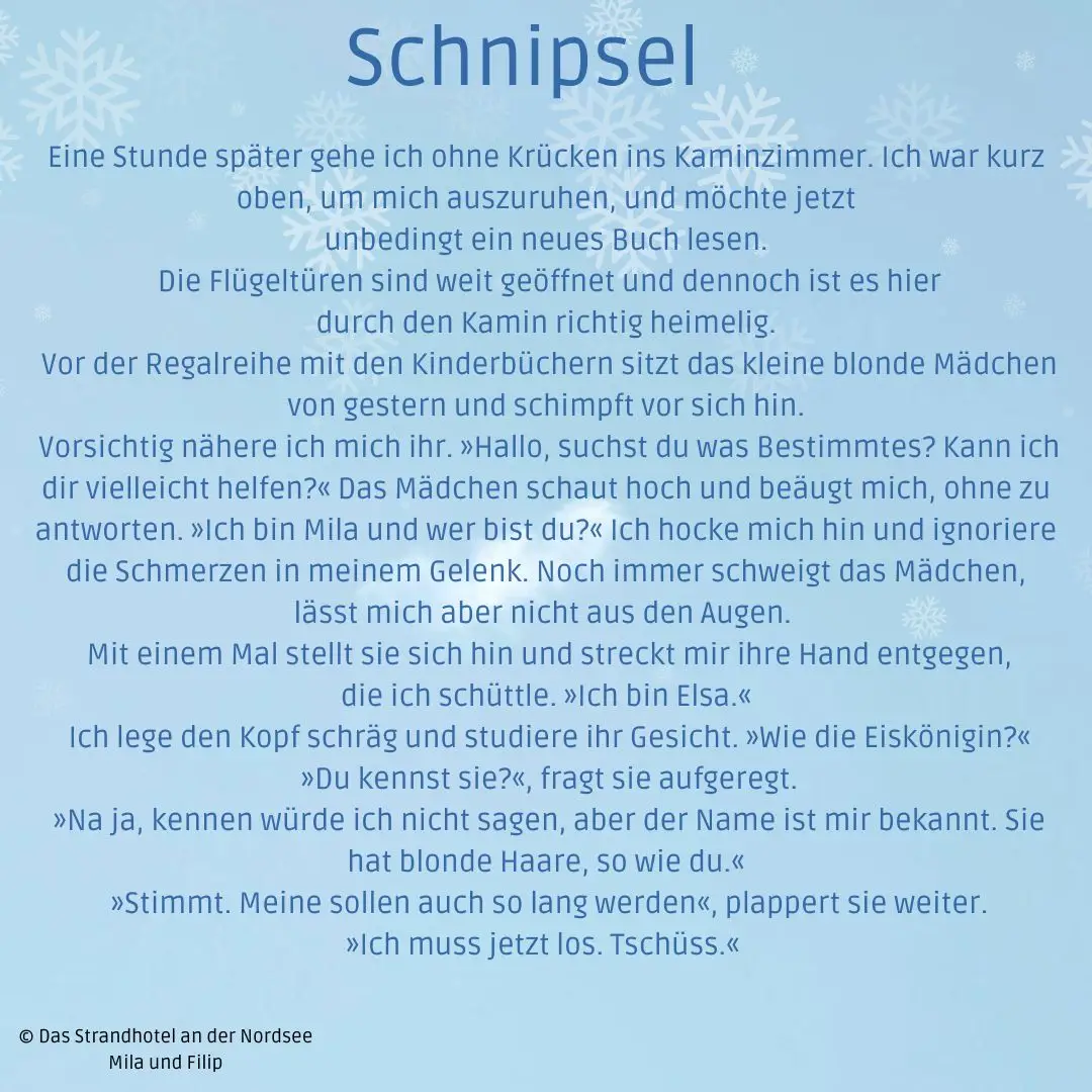 21.01.2024: Schnipsel 4 des Strandhotel an der Nordsee blauer Hintergrund mit Eissternen,
darauf in dunkelblau der Schnipseltext des Roman Das Strandhotel an der Nordsee