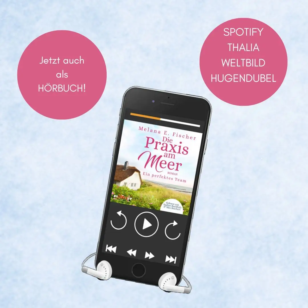 17.06.2024: Die Praxis am Meer als Hörbuch >NEWS< blauer Hintergrund mit 2 magenta Kreisen >jetzt auch als Hörbuch< und >spotify,
Thalia,
Weltbild,
Hugendubel<,
darunter ein Handy mit dem Cover von Die Praxis am Meer im Player