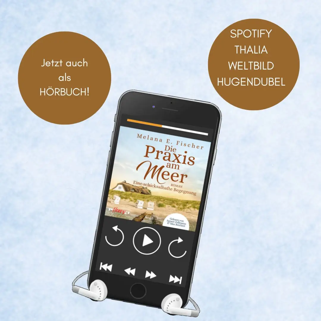 15.07.2024: Die Praxis am Meer als Hörbuch >NEWS< blauer Hintergrund mit 2 braunen Kreisen >jetzt auch als Hörbuch< und >spotify,
Thalia,
Weltbild,
Hugendubel<,
darunter ein Handy mit dem Cover von Die Praxis am Meer im Player