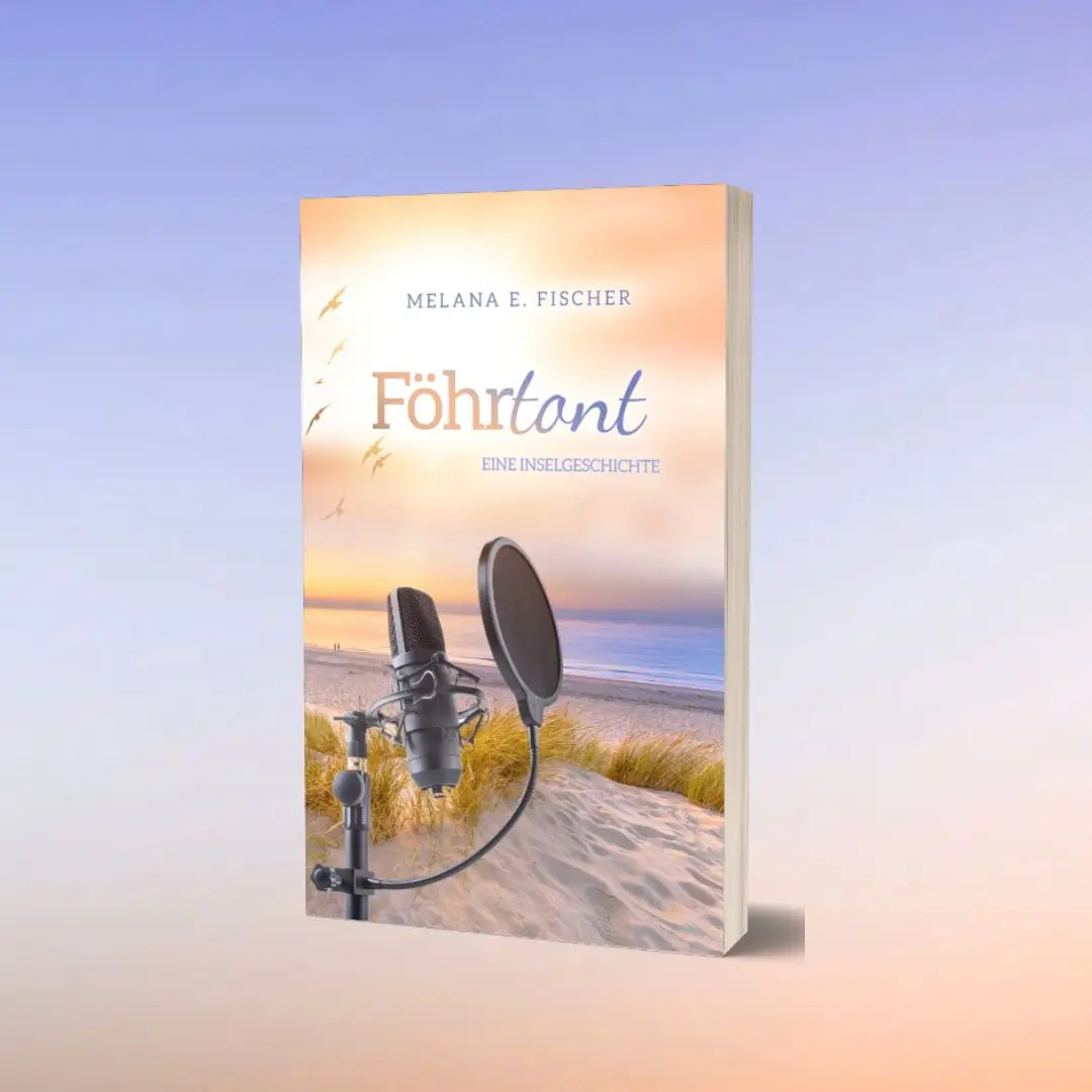 violett-oranger Hintergrund,
 oben links Logo amazon unlimidet,
 rechts violettfarbener Kreis mit dem Text OUT NOW,
 Darunter Ansichten von kindle und handy mit dem Cover des Roman Föhrtont